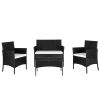 2pcs Arm Chairs 1pc Love Seat & Tempered Glass Coffee Table Rattan Sofa Set Black