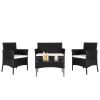 2pcs Arm Chairs 1pc Love Seat & Tempered Glass Coffee Table Rattan Sofa Set Black