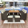 11-Piece Patio All-Weather PE Wicker Dining Table Set with Wood Tabletop for 10, Brown Rattan+Beige Cushion