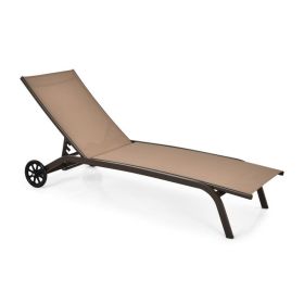 6-Poisition Adjustable Outdoor Chaise Recliner with Wheels (Color: Brown)